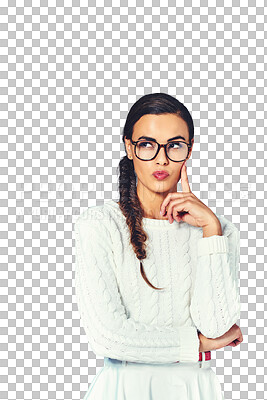 Buy stock photo Woman, inspiration and glasses for thinking of project proposal, consultant and brainstorming solution. Young person, serious and thought in problem solving and isolated on transparent png background