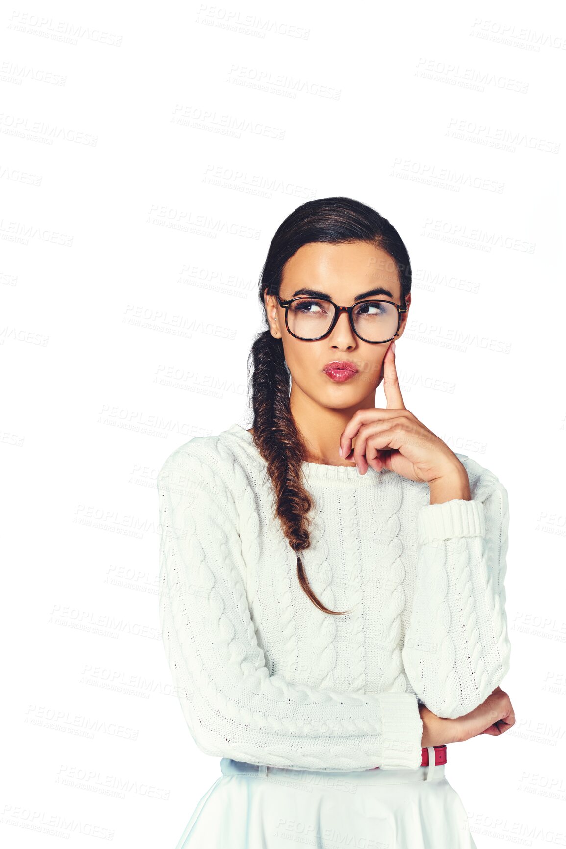 Buy stock photo Woman, inspiration and glasses for thinking of project proposal, consultant and brainstorming solution. Young person, serious and thought in problem solving and isolated on transparent png background