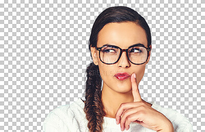 Buy stock photo Woman, idea or glasses for thinking of project proposal, consultant or brainstorming solution. Young person, serious or thought in problem solving in eyewear or isolated on transparent png background