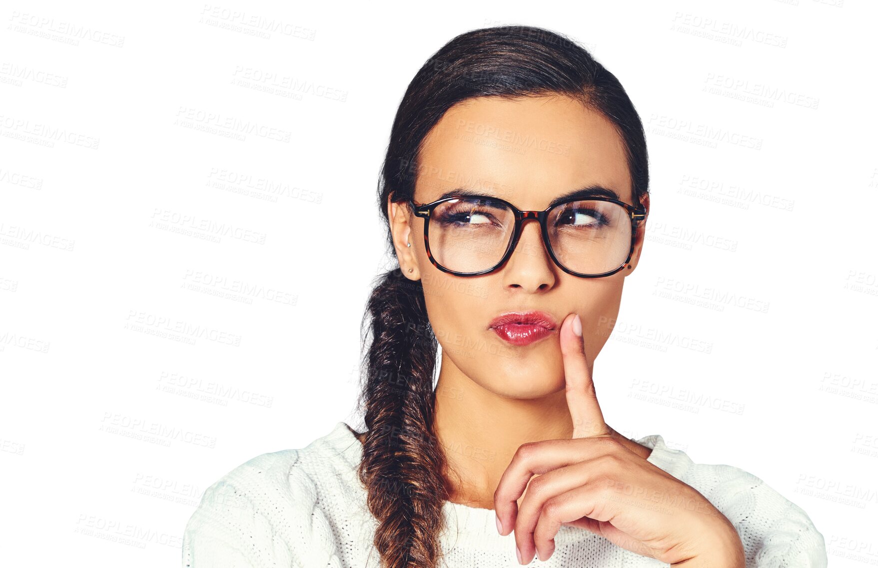 Buy stock photo Woman, idea or glasses for thinking of project proposal, consultant or brainstorming solution. Young person, serious or thought in problem solving in eyewear or isolated on transparent png background