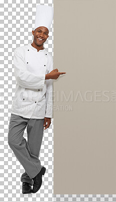 Buy stock photo Portrait, pointing and a black man chef with mockup isolated on a transparent background for marketing. Smile, cooking and space with a happy young person in uniform on PNG for restaurant advertising