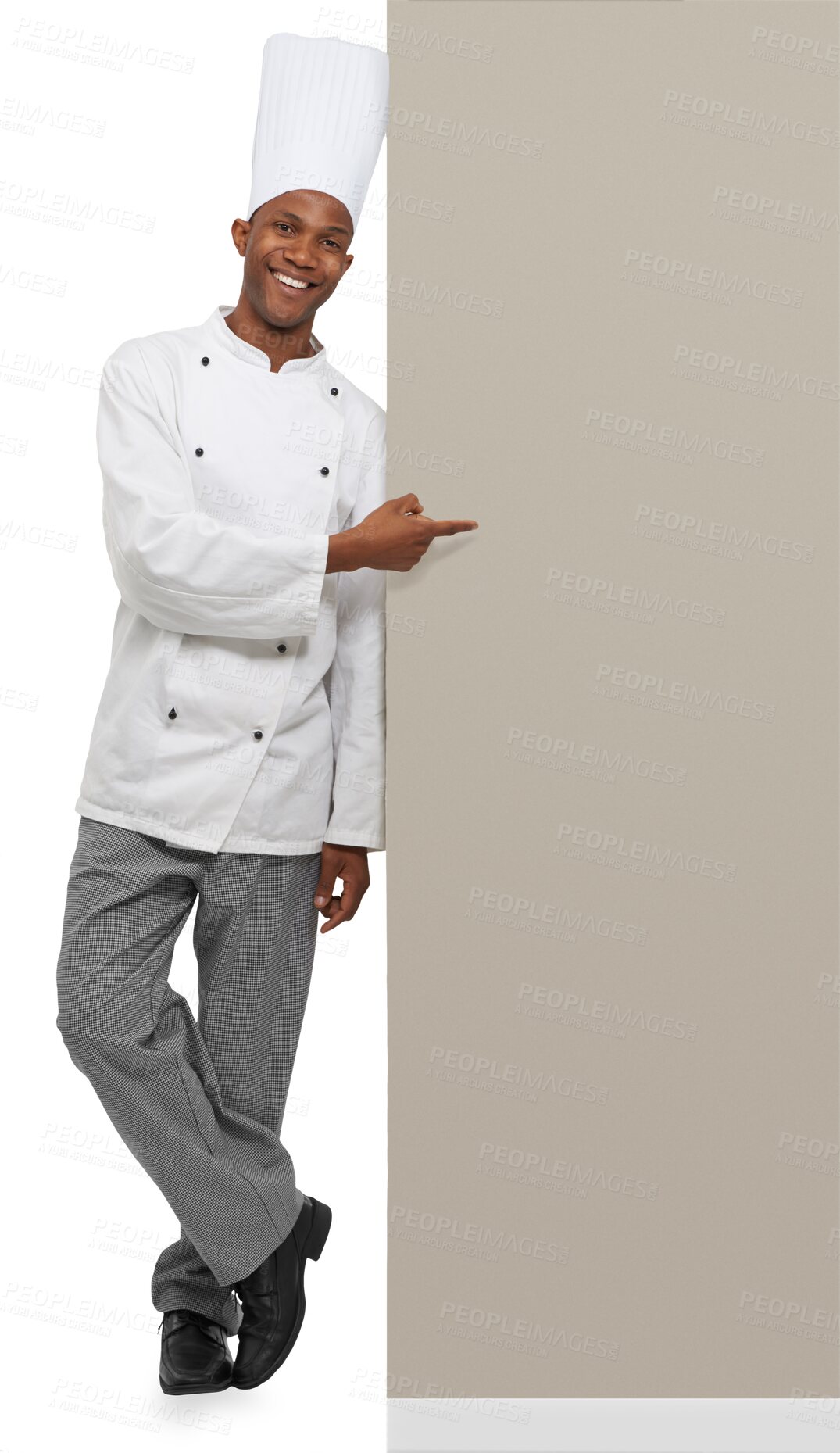 Buy stock photo Portrait, pointing and a black man chef with mockup isolated on a transparent background for marketing. Smile, cooking and space with a happy young person in uniform on PNG for restaurant advertising