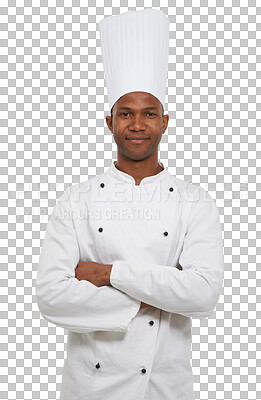 Buy stock photo Portrait, chef and black man with arms crossed, smile and confident guy isolated on transparent background. Face, African person or employee in a uniform, restaurant owner and kitchen worker with png