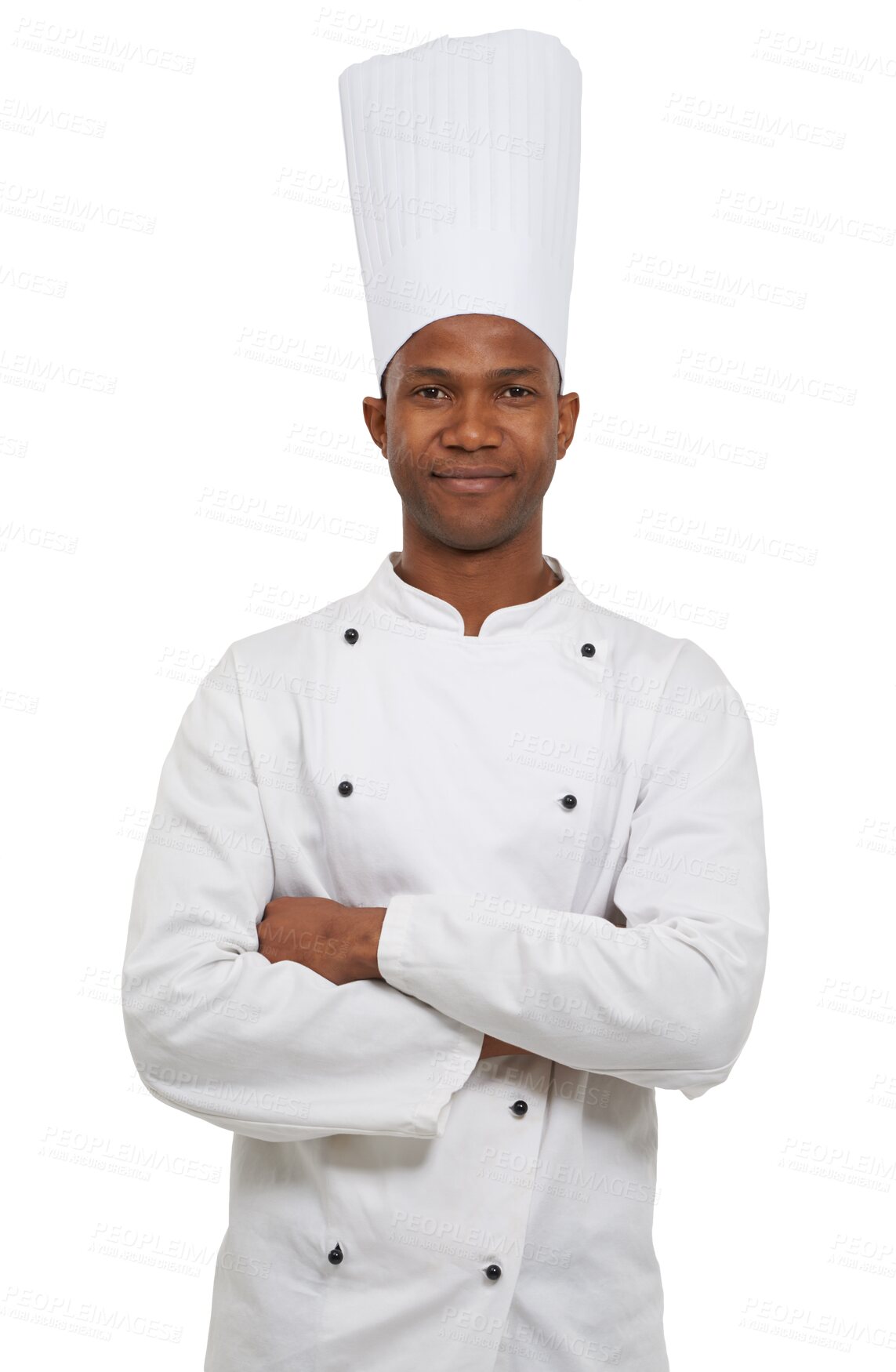 Buy stock photo Portrait, chef and black man with arms crossed, smile and confident guy isolated on transparent background. Face, African person or employee in a uniform, restaurant owner and kitchen worker with png