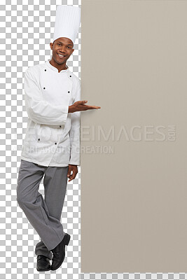 Buy stock photo Portrait, presentation and a black man chef with mockup isolated on a transparent background for marketing. Smile, cooking and space with a happy young person in uniform on PNG for advertising