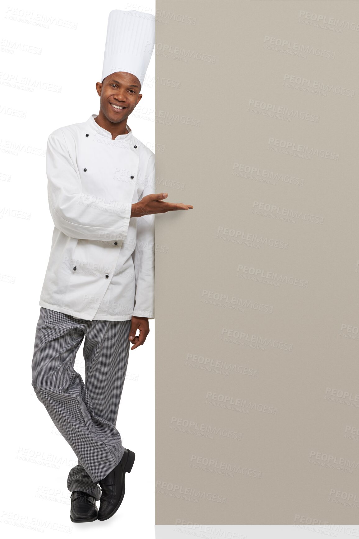 Buy stock photo Portrait, presentation and a black man chef with mockup isolated on a transparent background for marketing. Smile, cooking and space with a happy young person in uniform on PNG for advertising