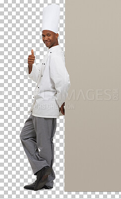 Buy stock photo Portrait, thumbs up and a black man chef with mockup isolated on a transparent background for marketing. Thank you, smile and space with a happy young person in uniform on PNG for advertising