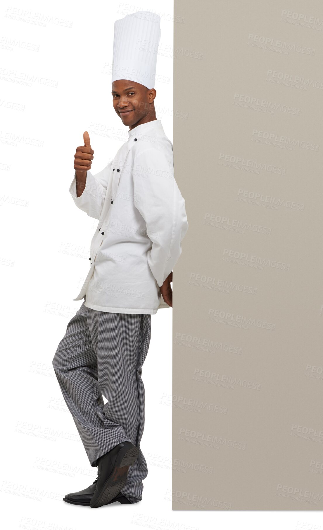 Buy stock photo Portrait, thumbs up and a black man chef with mockup isolated on a transparent background for marketing. Thank you, smile and space with a happy young person in uniform on PNG for advertising