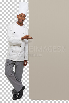 Buy stock photo Portrait, advertising and a black man chef with mockup isolated on a transparent background for marketing. Kitchen, presentation and space with a happy young person in uniform on PNG for cooking