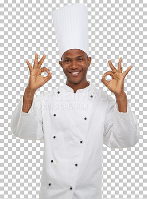 Buy stock photo Chef, perfect hand sign and portrait isolated on transparent png background for taste excellence. Fine dining, success or catering, happy black man cook or baker with okay gesture, smile and approval