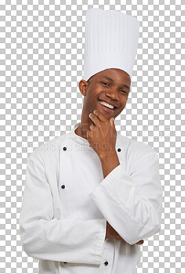 Buy stock photo Happy chef with pride, confidence and portrait isolated on transparent png background with smile. Fine dining, hospitality or catering with black man, cook or baker in professional restaurant career.