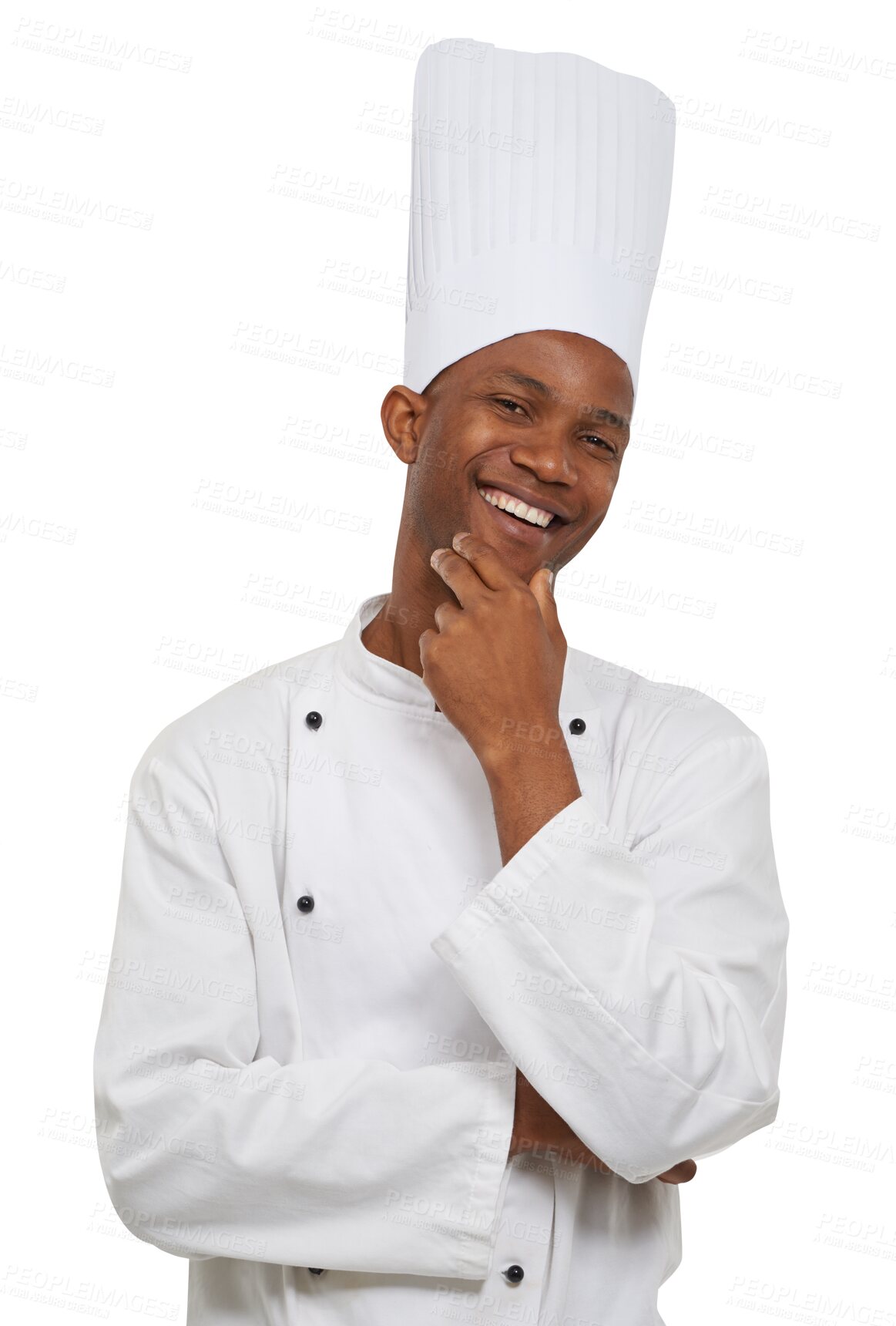 Buy stock photo Happy chef with pride, confidence and portrait isolated on transparent png background with smile. Fine dining, hospitality or catering with black man, cook or baker in professional restaurant career.