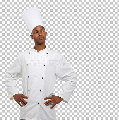 Buy stock photo Chef with pride, confidence and black man isolated on transparent png background with job. Fine dining, hospitality or catering with professional, cook or baker with excellence in restaurant career