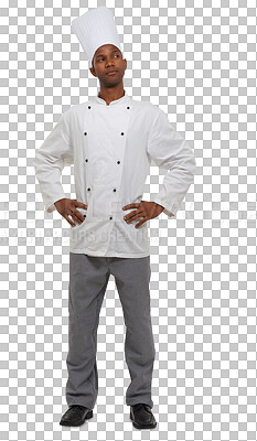 Buy stock photo Chef with pride, confidence and professional isolated on transparent png background with smile. Fine dining, hospitality or catering with black man, cook or baker with excellence in restaurant career