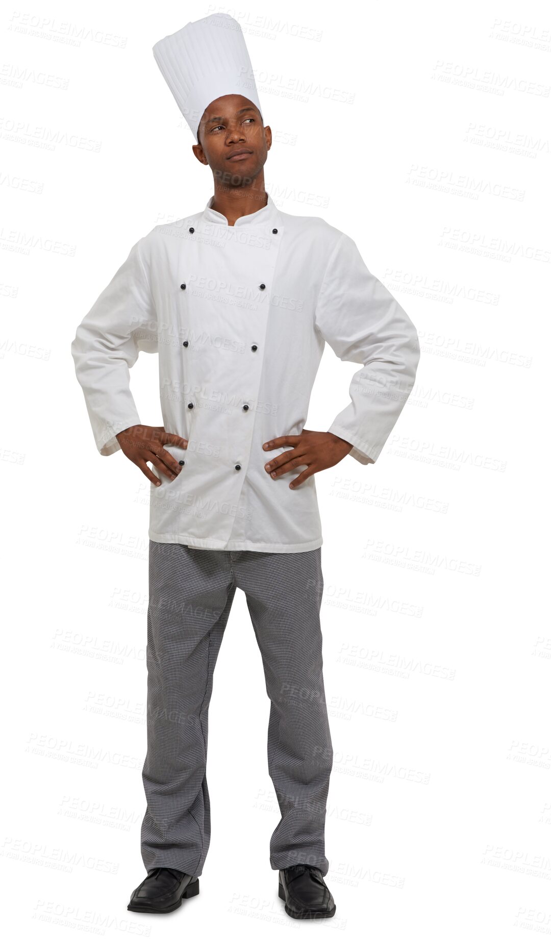 Buy stock photo Chef with pride, confidence and professional isolated on transparent png background with smile. Fine dining, hospitality or catering with black man, cook or baker with excellence in restaurant career