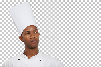 Buy stock photo Face of chef with pride, confidence and professional isolated on transparent png background. Fine dining, hospitality or catering with black man, cook or baker with excellence in restaurant career.