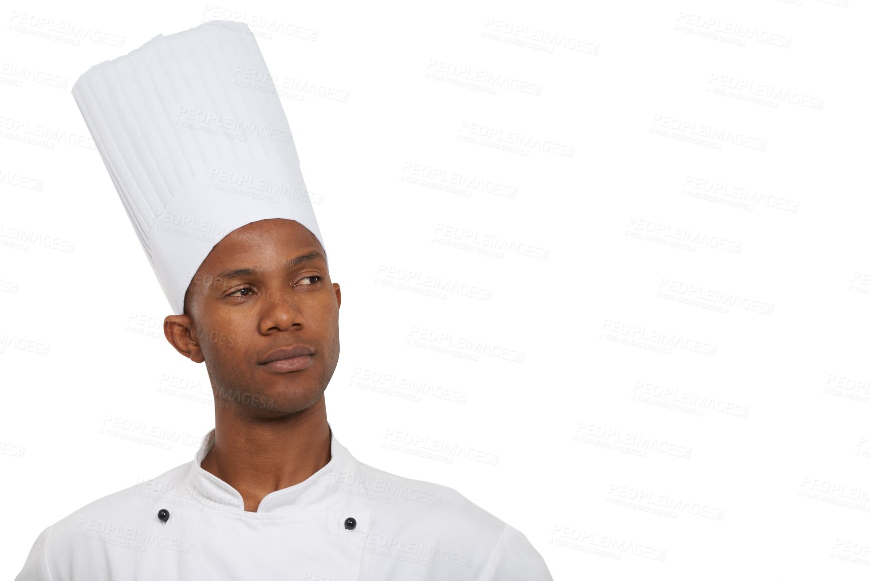 Buy stock photo Face of chef with pride, confidence and professional isolated on transparent png background. Fine dining, hospitality or catering with black man, cook or baker with excellence in restaurant career.