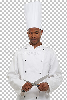 Buy stock photo Happy, chef and black man with cooking utensils, uniform and employee isolated on a transparent background. African person, kitchen worker and model with knife, equipment and culinary expert with png