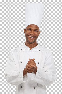 Buy stock photo Portrait, happy man and cook with smile in confidence, skill and occupation. Black man, professional chef and excited with gesture for career on isolated or transparent png background in hospitality