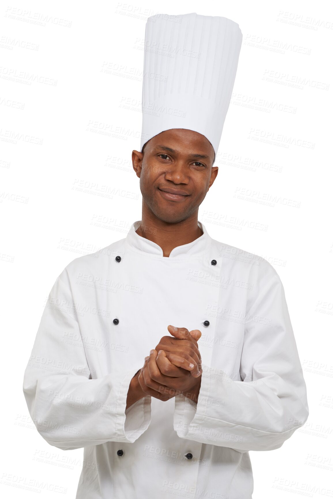 Buy stock photo Chef with smile, hands together and portrait isolated on transparent png background for taste excellence. Fine dining, hospitality or catering, happy black man or professional cook at dinner service.