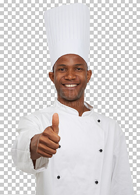 Buy stock photo Man, chef and portrait thumbs up for cooking recipe trust or meal preparation, food industry or smile. Black person, face and isolated on transparent png background for dinner, career or agreement