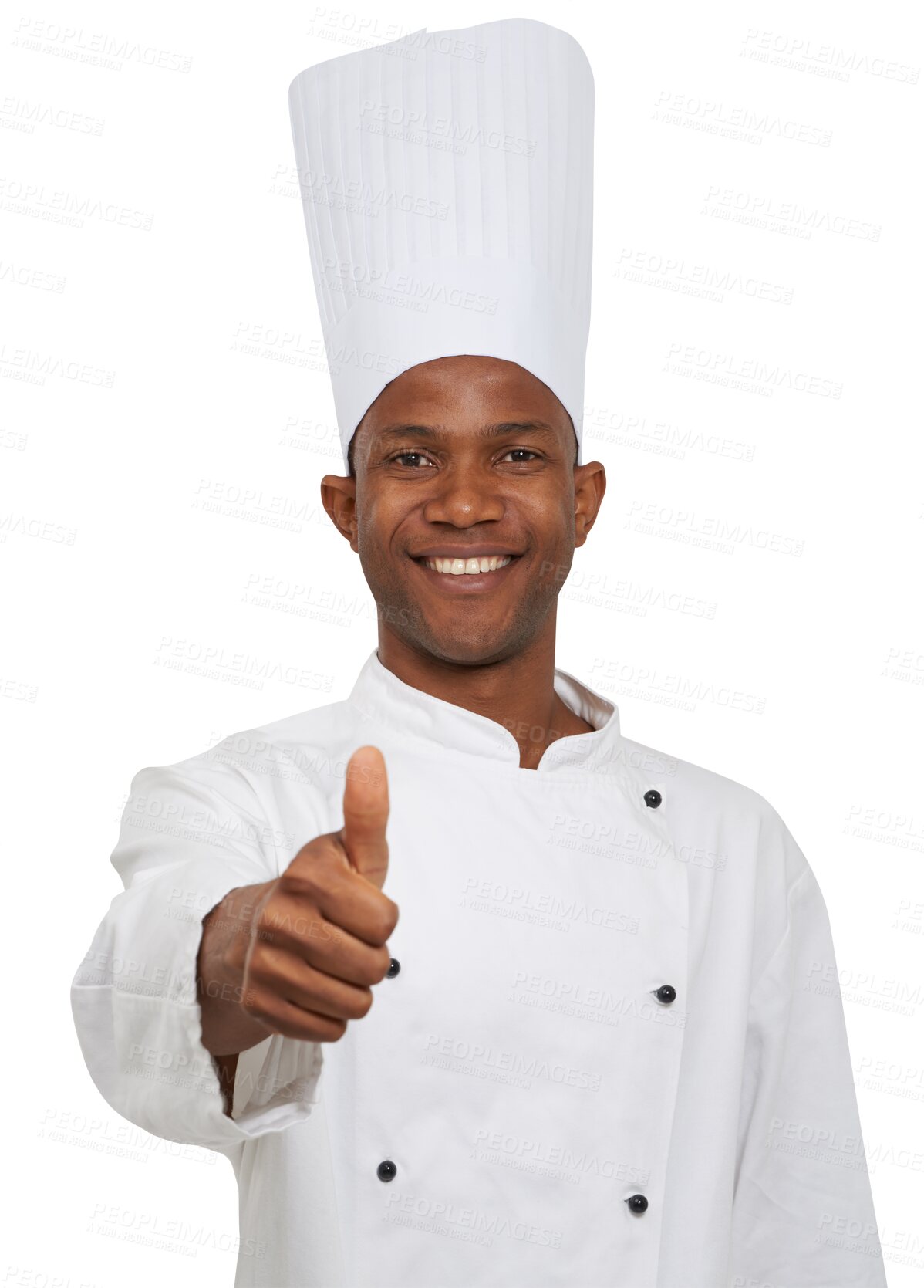 Buy stock photo Man, chef and portrait thumbs up for cooking recipe trust or meal preparation, food industry or smile. Black person, face and isolated on transparent png background for dinner, career or agreement