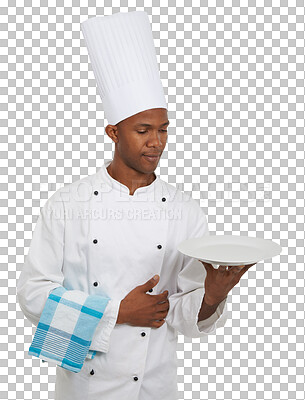 Buy stock photo Man, chef and serve plate for dinner preparation or lunch recipe for hungry nutrition, skill career or food service. Black person, cloth and hat or isolated on transparent png, background for cooking