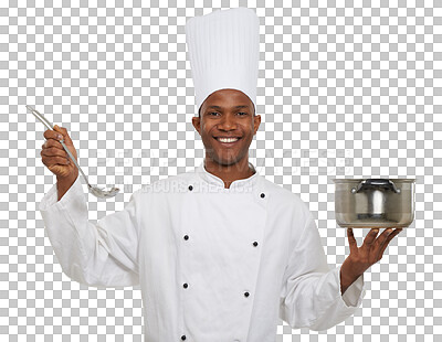 Buy stock photo Smile, portrait and chef with pot and spoon for cooking gourmet meal at luxury restaurant. Happy, career and professional black man culinary worker with pan isolated by transparent png background.