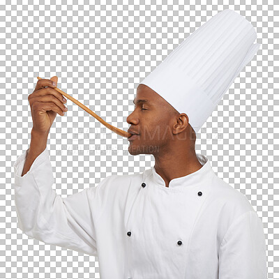 Buy stock photo Man, chef and spoon for taste cooking or new recipe review, restaurant menu as culinary professional. Black person, kitchen career or eating or isolated transparent png background, food for approval