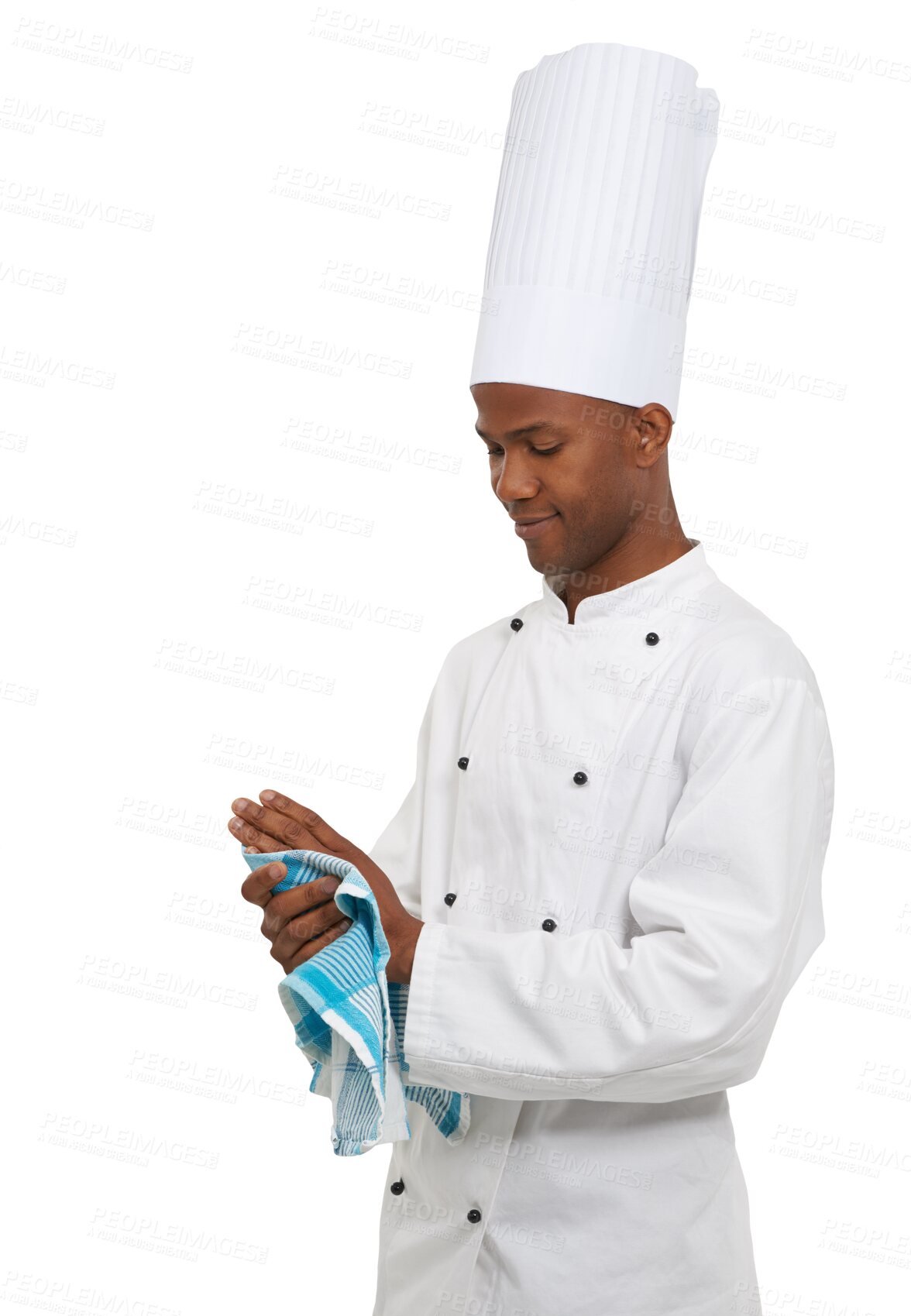 Buy stock photo Chef, towel and man wipe hands in preparation for catering service isolated on transparent png background. Cooking, professional and African person with rag, worker or employee in restaurant business