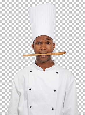 Buy stock photo Portrait, chef and black man with a spoon, funny and employee isolated on transparent background. Face, African person and model with utensil, facial expression and silly with confused, png or goofy