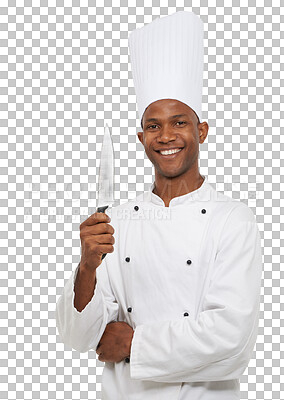 Buy stock photo Professional chef, knife and portrait of man for cooking service, restaurant catering or isolated on transparent png background. Happy african baker, hospitality worker and utensils for food industry