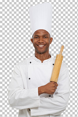 Buy stock photo Chef, rolling pin and portrait of man for cooking service, restaurant catering or isolated on transparent png background. Happy african bakery worker with wooden kitchen tools in hospitality industry