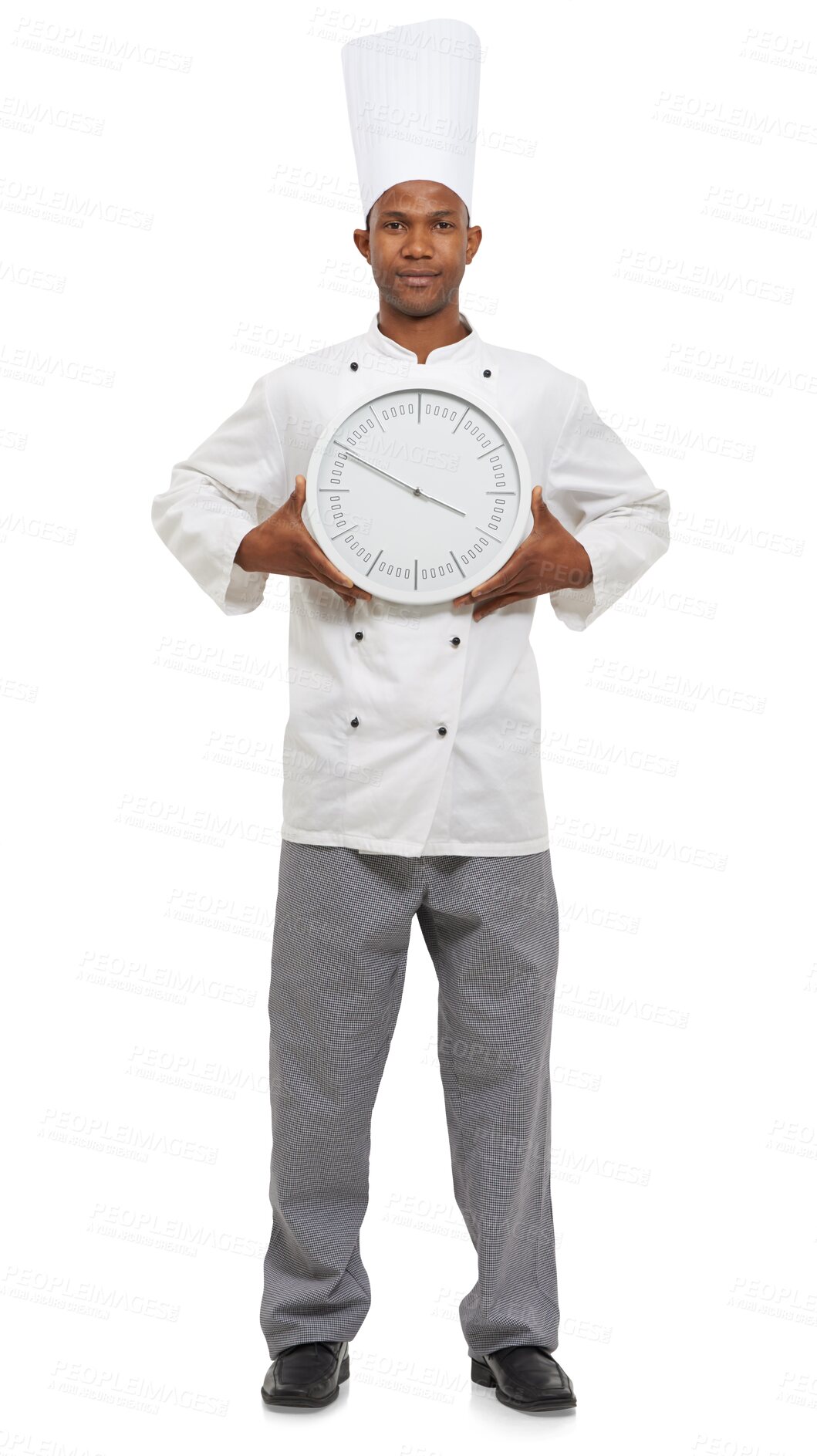 Buy stock photo Chef, clock or portrait of man with countdown, hour arrow or isolated on transparent png background. Cooking, African professional and time alarm, watch deadline or show circle in restaurant service