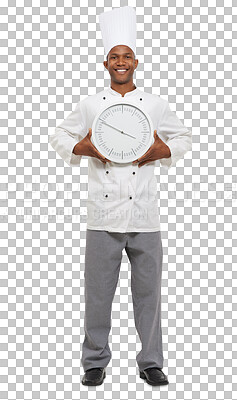 Buy stock photo Chef, clock and portrait of black man with time, hour arrow or isolated on transparent png background. Cooking, happy professional or countdown alarm circle, deadline or show watch for fast service