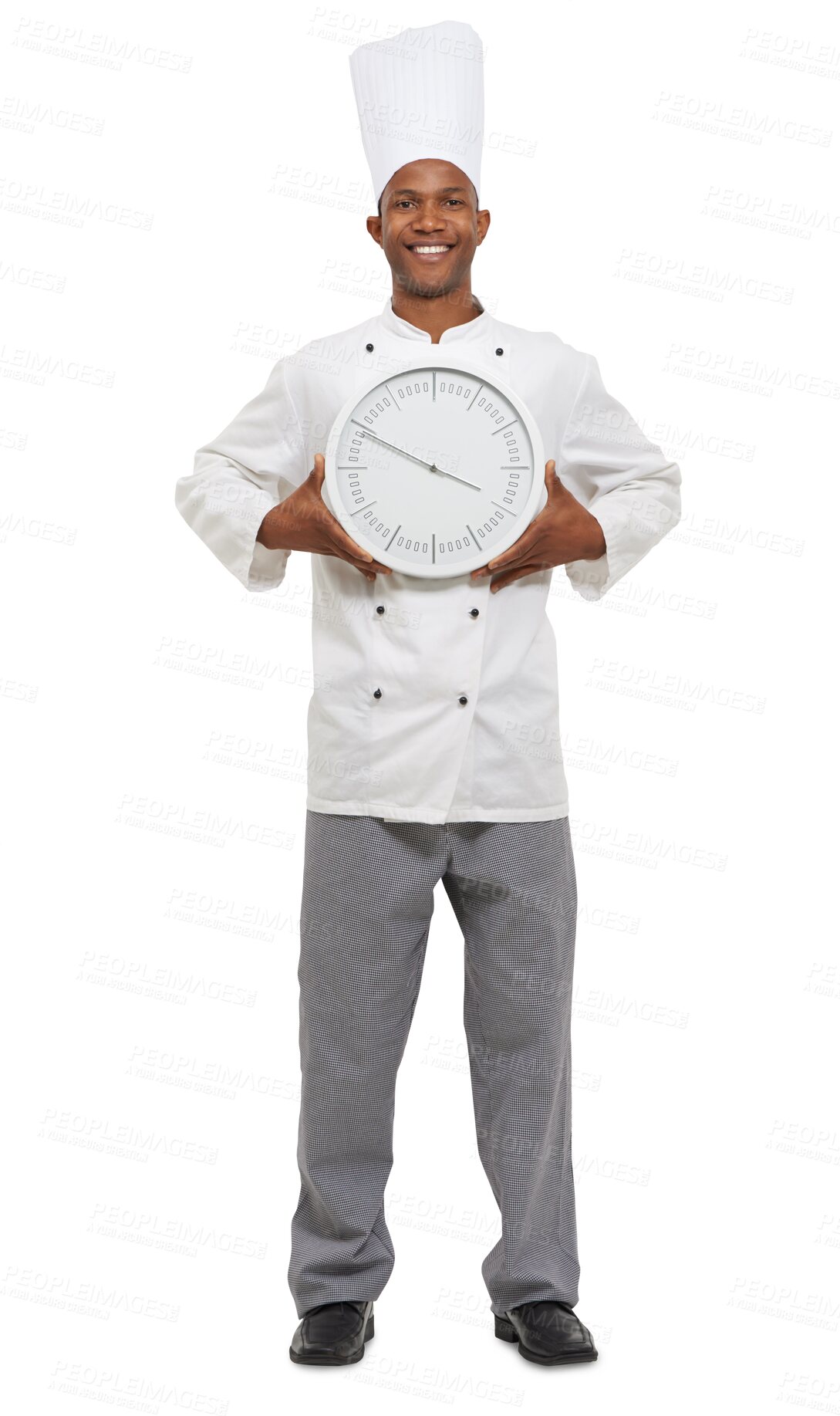 Buy stock photo Chef, clock and portrait of black man with time, hour arrow or isolated on transparent png background. Cooking, happy professional or countdown alarm circle, deadline or show watch for fast service