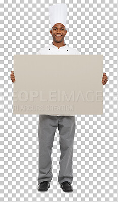 Buy stock photo Chef, portrait and banner smile on mockup as recipe space for kitchen menu, lunch in cafeteria. Male person, poster or face isolated transparent png background or cooking meal, service or review info