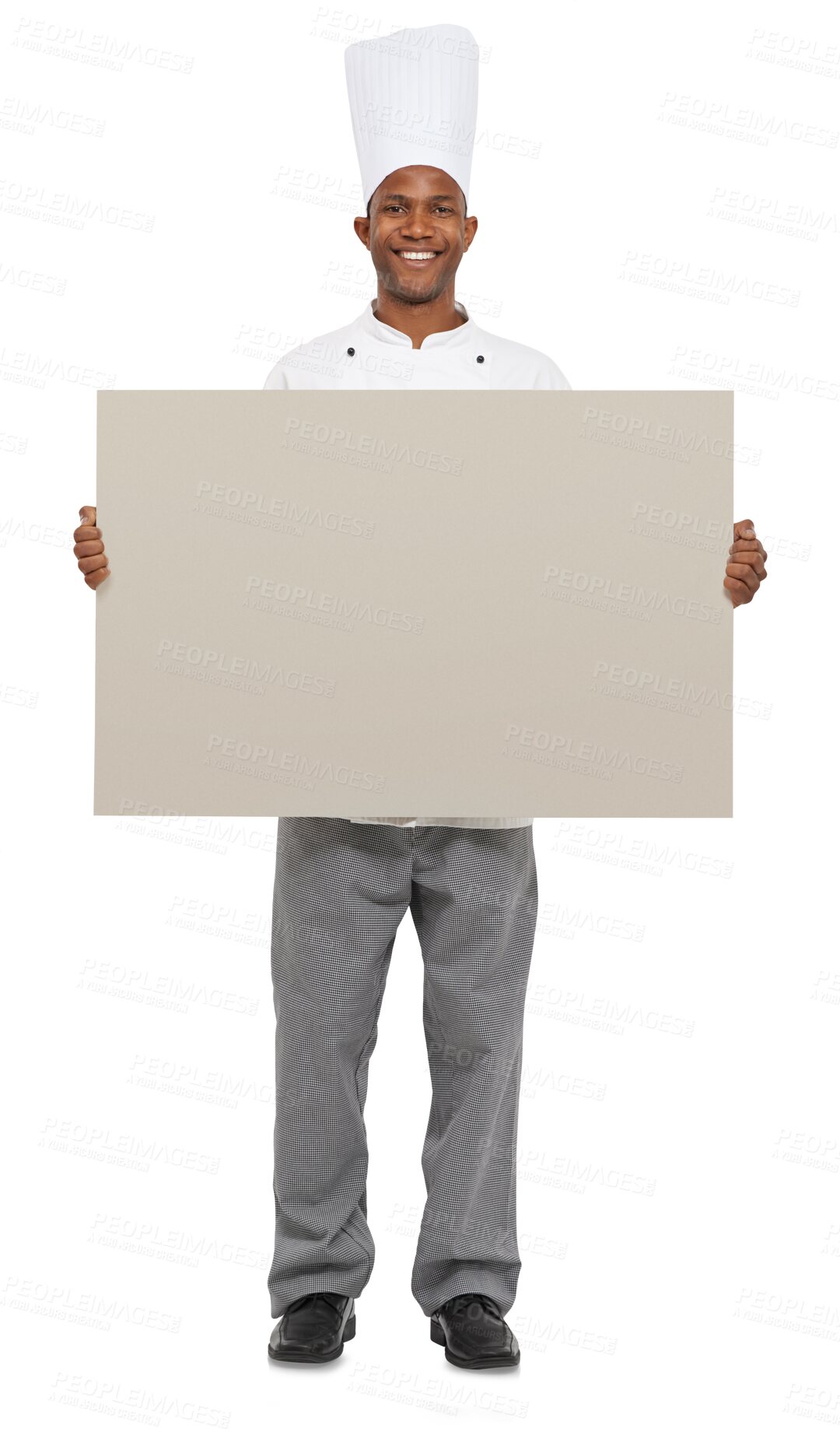 Buy stock photo Chef, portrait and banner smile on mockup as recipe space for kitchen menu, lunch in cafeteria. Male person, poster or face isolated transparent png background or cooking meal, service or review info