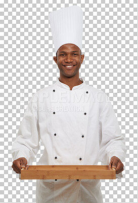 Buy stock photo Chef, wooden tray and portrait of man for cooking service, restaurant catering and isolated on transparent png background. Happy african hospitality worker, baker and serving board for food industry 