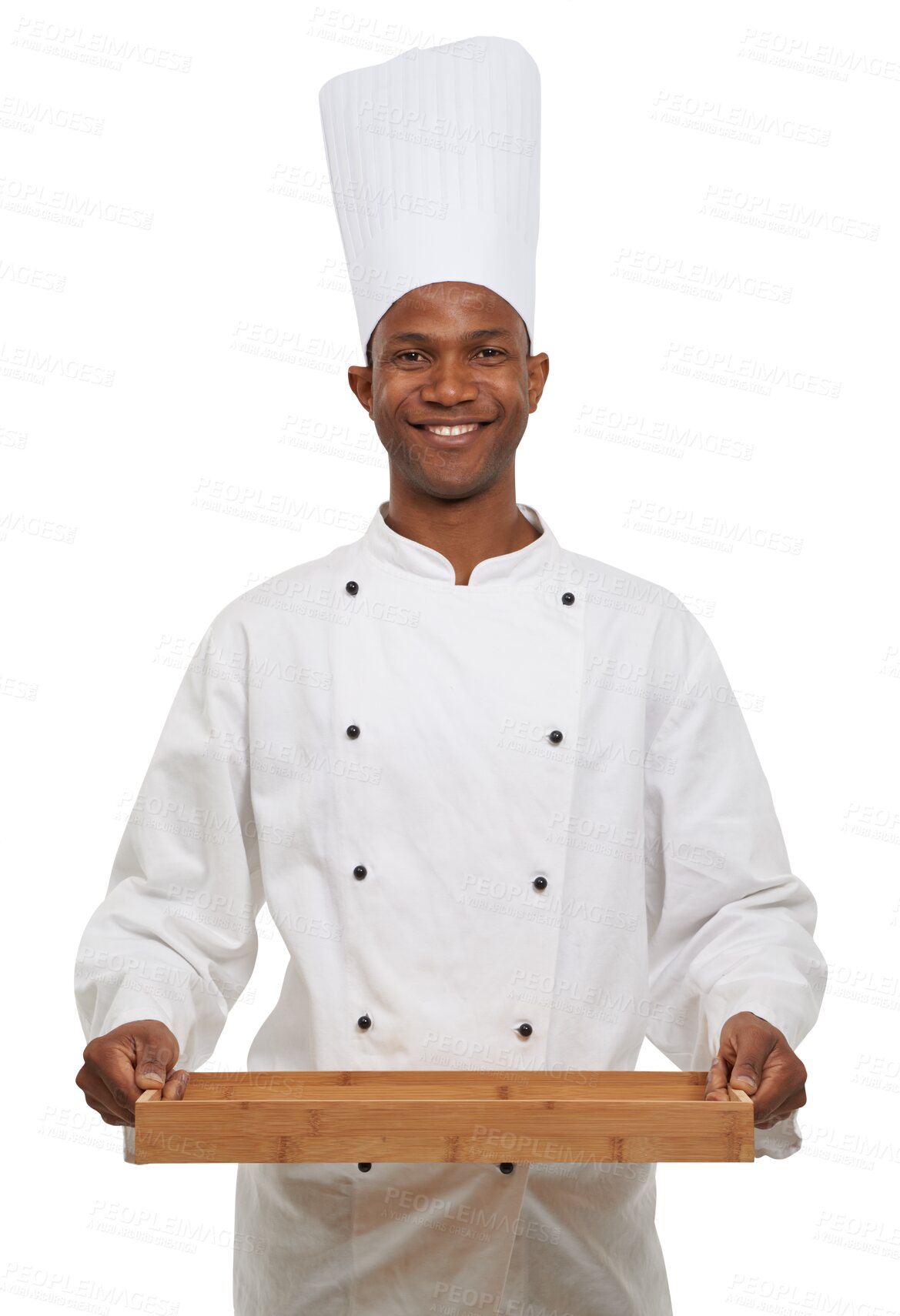 Buy stock photo Chef, wooden tray and portrait of man for cooking service, restaurant catering and isolated on transparent png background. Happy african hospitality worker, baker and serving board for food industry 