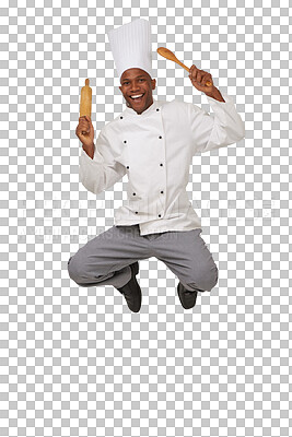 Buy stock photo Isolated chef man, jump and portrait with smile, spoon and rolling pin for bakery by transparent png background. African person, restaurant or small business owner with cooking, excited and nutrition