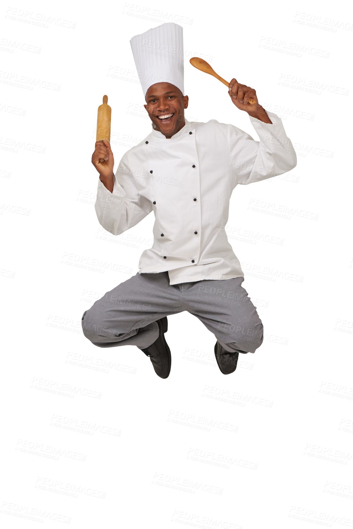 Buy stock photo Isolated chef man, jump and portrait with smile, spoon and rolling pin for bakery by transparent png background. African person, restaurant or small business owner with cooking, excited and nutrition