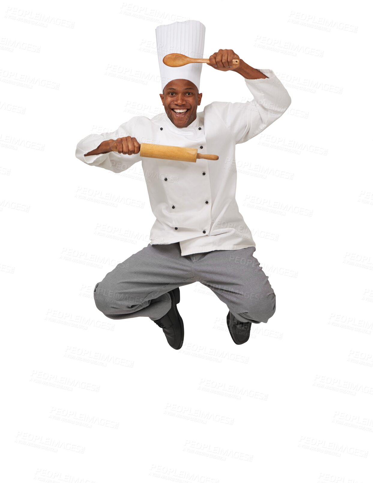 Buy stock photo Chef, portrait and jump for cooking happy or spoon for dinner meal, restaurant menu or isolated transparent png background. Black man, face and kitchen utensil for baker food industry, recipe for job