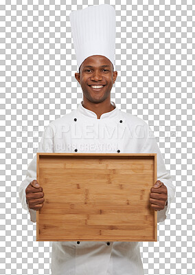 Buy stock photo Isolated chef man, tray or portrait for smile, mockup space or service by transparent png background. African person, restaurant or small business owner for cooking, wood board or happy for nutrition