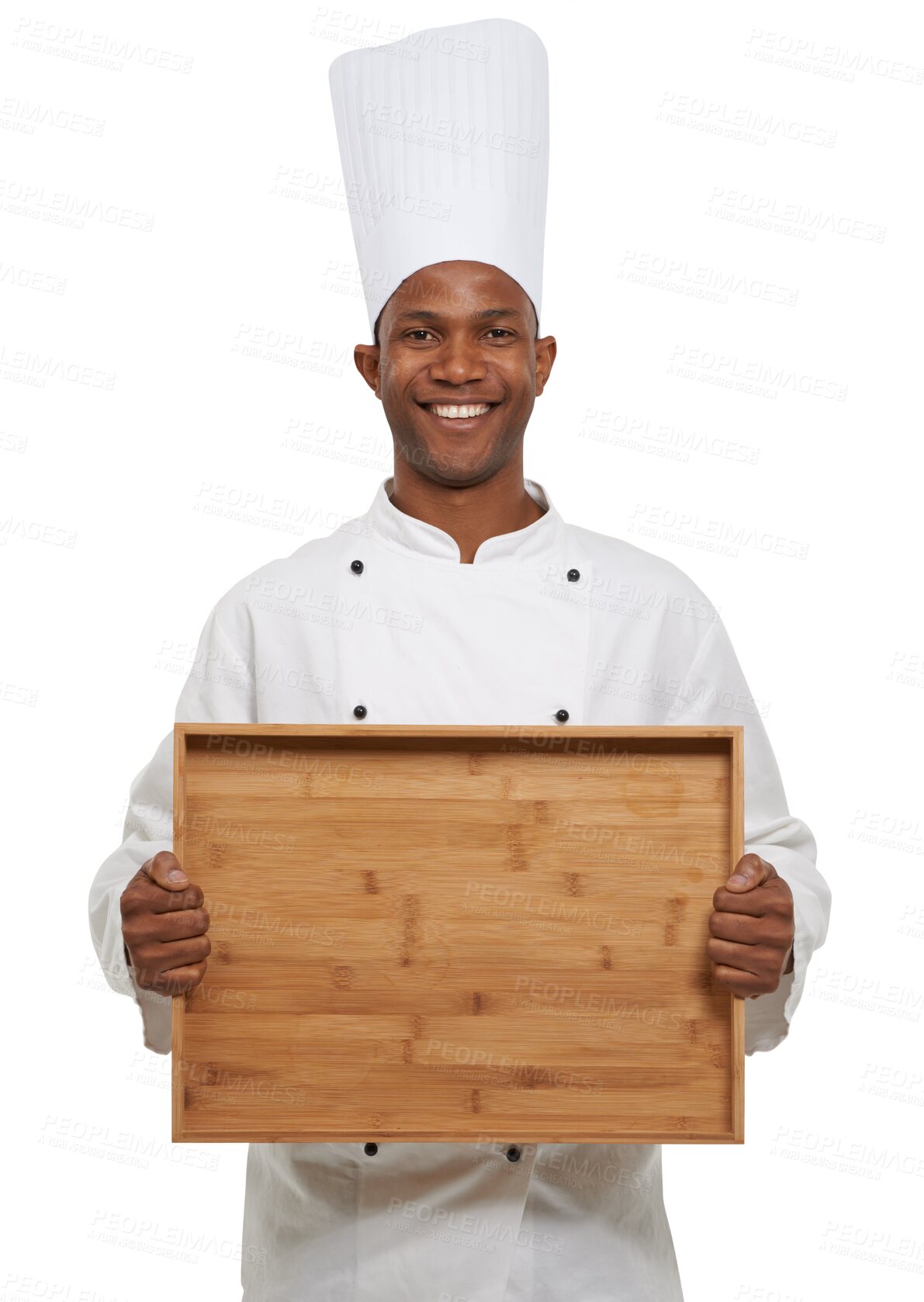 Buy stock photo Isolated chef man, tray or portrait for smile, mockup space or service by transparent png background. African person, restaurant or small business owner for cooking, wood board or happy for nutrition