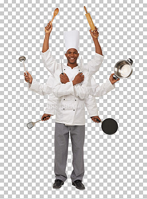 Buy stock photo Man, portrait and chef multitasking cooking for dinner rush, kitchen for food preparation. Black person, face and utensils or fine dining menu isolated on transparent png background, prepare or lunch