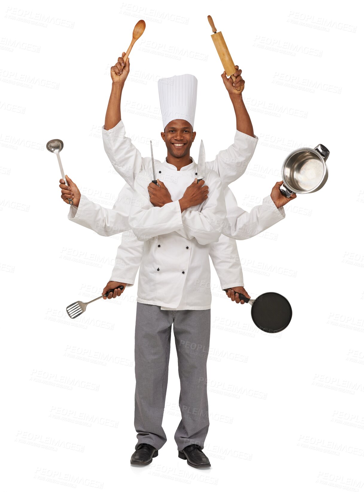 Buy stock photo Man, portrait and chef multitasking cooking for dinner rush, kitchen for food preparation. Black person, face and utensils or fine dining menu isolated on transparent png background, prepare or lunch