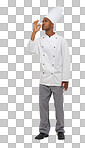 Chef, kiss and perfect hand sign isolated on transparent png background for taste excellence. Fine dining, success or catering, happy black man cook or baker with okay gesture, smile and approval