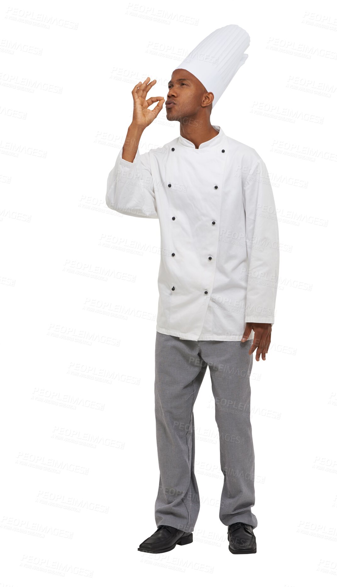 Buy stock photo Chef, kiss and perfect hand sign isolated on transparent png background for taste excellence. Fine dining, success or catering, happy black man cook or baker with okay gesture, smile and approval
