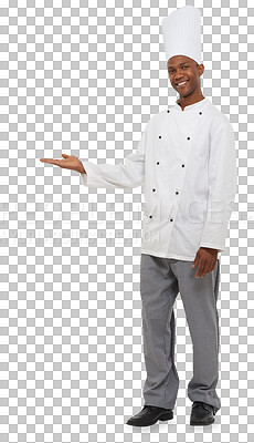 Buy stock photo Happy man, cook and smile for idea, presentation and offer for announcement, promo or choice. Person, professional and chef for information on isolated or transparent png background by hand gesture